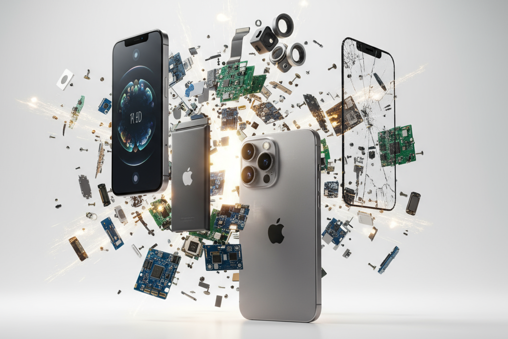 Eine sich bewegende animation, in der ein iPhone 17 Pro sich komplett zerlegt und wieder schliesst